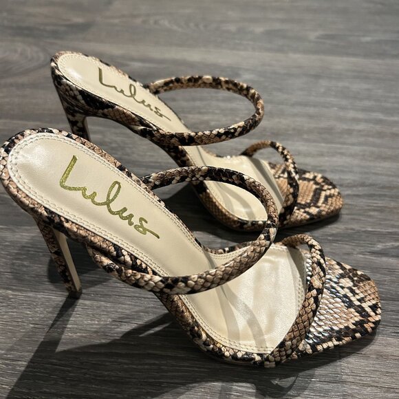 NEW Size 8 Lulus Theyaa Tan Faux Snake Embossed Square Toe High Heel Sandals - Picture 6 of 11